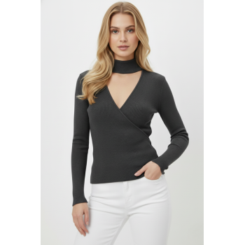 Kadın Boğazlı Pencere Detaylı Gri Triko Kazak