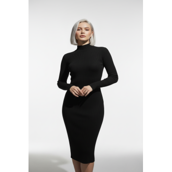 Kadın Balıkçı Yaka Siyah Uzun Elbise