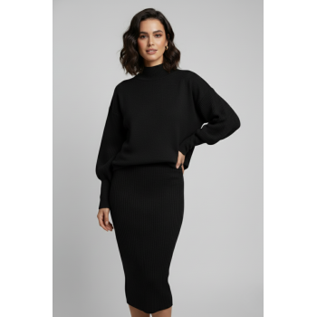 Triko Siyah Kazak ve Fitilli Elbise İkili Takım