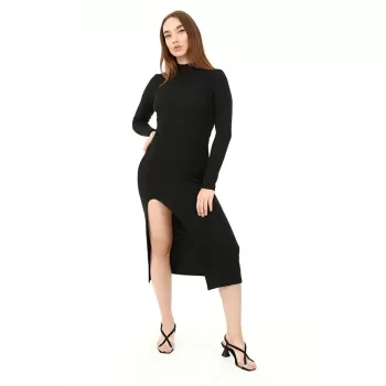 Kadın Siyah Yarım Balıkçı Tek Taraf Yırtmaçlı Uzun Kol Elbise