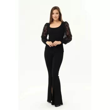 Kadın Siyah Kollar Dantel U Yaka Bluz