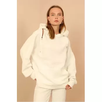 Petek Kumaş Uzun Kol Kapüşonlu Fermuar Detaylı Kadın Sweatshirt-ekru