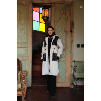 Deri Kumaş Garni Detay Jakar Kadın Trençkot-Bej