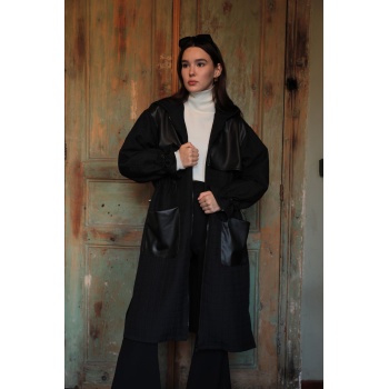 Deri Kumaş Garni Detay Jakar Kadın Trençkot-Siyah
