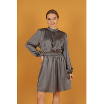 Simli Saten Büzgü Detay Elbise-Gri