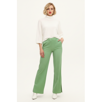 Mint Yeşili Krep Kumaş Yüksek Bel Bol Paça Kadın Pantolon