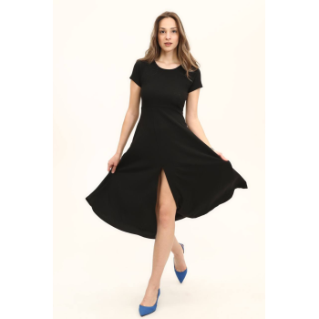 Kadın Renkli Belden Oturma Eteği Yırtmaçlı Salaş Elbise