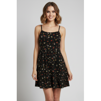 İp Askılı Çiçek Desenli Siyah Krep Mini Elbise