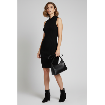 Kapüşonlu Kaşkorse Sıfır Kol Siyah Mini Elbise