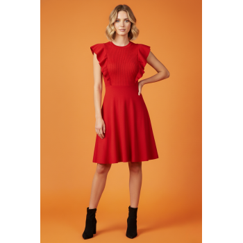 Bisiklet Yaka Volanlı Kırmızı Kaşkorse Elbise