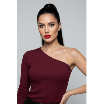 Bordo Tek Omuz Uzun Kollu Kaşkorse Kadın Bluz