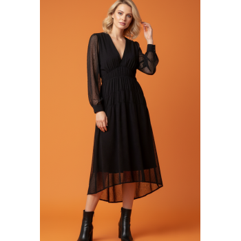 Siyah Tül Detaylı Büzgülü V Yaka Midi Elbise