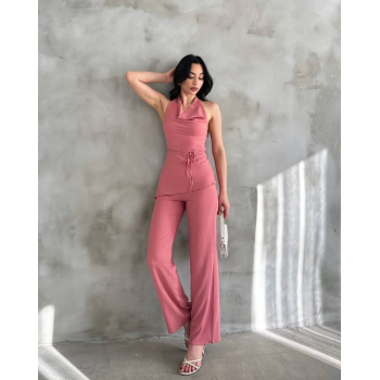 Kadın Gül Kurusu Degaje Yaka Bluz ve Pantolon İkili Takım