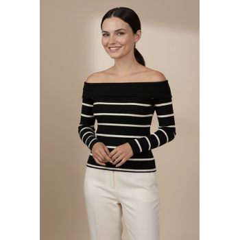 Kadın Siyah - Beyaz Çizgili Madonna Yaka Bluz