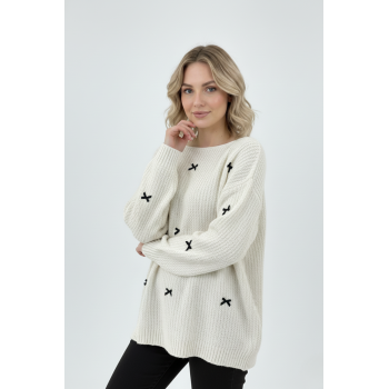 Kadın Kurdeleli Ajurlu Triko Beyaz Kazak