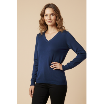 Kadın V Yaka Mavi Triko Kazak