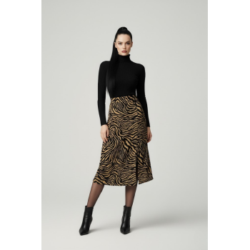 Kadın Yırtmaçlı Kahverengi Zebra Desen Midi Boy Etek