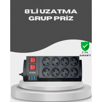 KESGİN MARKET®Akım Korumalı 8’li Priz 3 USB’li Uzatma Kablosu Isıya Dayanıklı 2 Metre