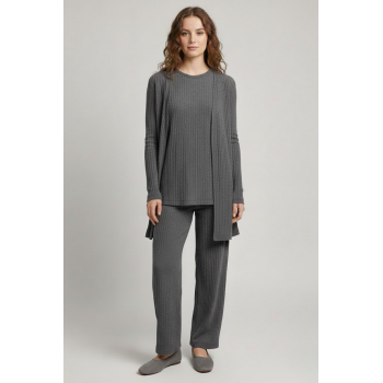 Kadın Gri Ribanalı Üçlü Takım Uzun Hırka Bisiklet Yaka Bluz Lastikli Boru Paça Pantolon