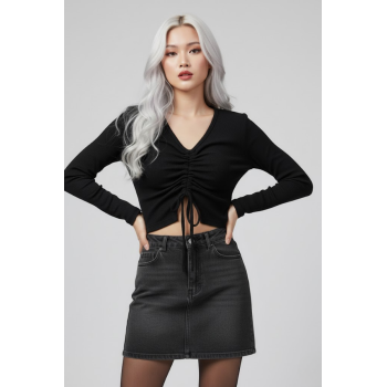 Siyah Uzun Kollu Kaşkorse Crop Bluz Büzgülü V Yaka