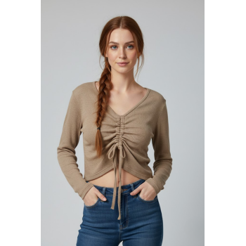 Sütlü Kahve Uzun Kollu Kaşkorse Crop Bluz Büzgülü V Yaka