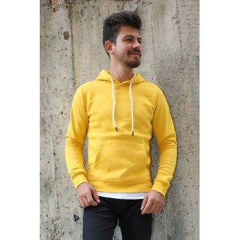 Üç İplik Şardonlu Kapşonlu Kanguru Cepli Alttan Çıkmalı Erkek Günlük Sweatshirt