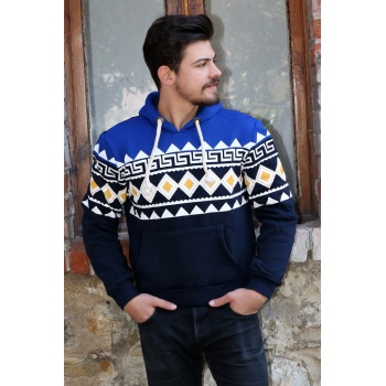 Üç İplik Şardonlu Kapşonlu Kanguru Cepli Baklava Desenli Erkek Günlük Sweatshirt