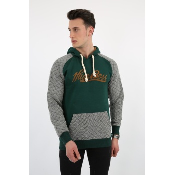 Üç İplik Şardonlu Kapşonlu Kanguru Cepli Baskılı Erkek Günlük Sweatshirt