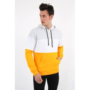 Üç İplik Şardonlu Kapşonlu Kanguru Cepli Parçalı Erkek Günlük Sweatshirt