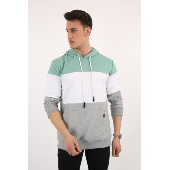 Üç Şardonlu Kapşonlu Parçalı Kanguru Cepli Erkek Günlük Sweatshirt