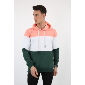 Üç Şardonlu Kapşonlu Parçalı Kanguru Cepli Erkek Günlük Sweatshirt