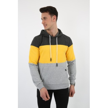 Üç Şardonlu Kapşonlu Parçalı Kanguru Cepli Erkek Günlük Sweatshirt