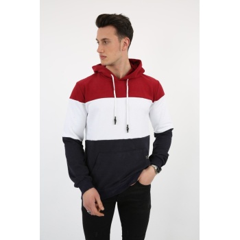 Üç Şardonlu Kapşonlu Parçalı Kanguru Cepli Erkek Günlük Sweatshirt