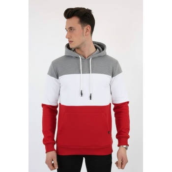 Üç Şardonlu Kapşonlu Parçalı Kanguru Cepli Erkek Günlük Sweatshirt