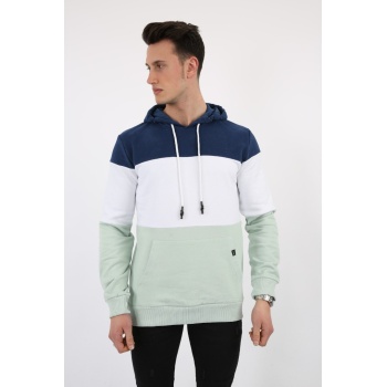 Üç Şardonlu Kapşonlu Parçalı Kanguru Cepli Erkek Günlük Sweatshirt