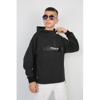 Yarım Fermuarlı Kapşonlu Baskılı Erkek Çocuk Günlük Sweatshirt