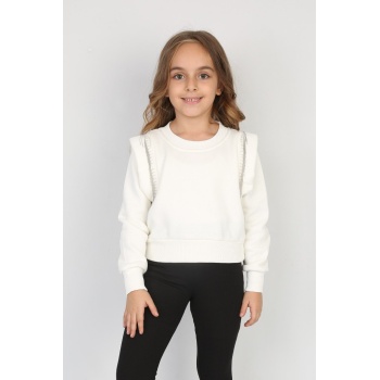 Üç İplik Şardonlu Omuz Detaylı Kız Çocuk Günlük Crop Sweatshirt