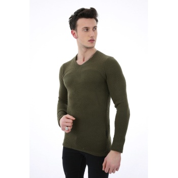 Düz Kabartma Desenli V Yaka Erkek Günlük Triko Kazak