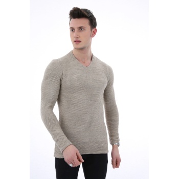 Düz Kabartma Desenli V Yaka Erkek Günlük Triko Kazak