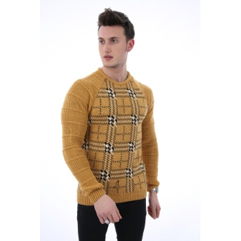 Ekose Desenli Sıfır Yaka Erkek Günlük Triko Kazak