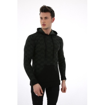 Erkek Desenli Kapşonlu Cepli Günlük Triko Kazak