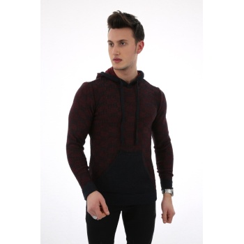 Erkek Desenli Kapşonlu Cepli Günlük Triko Kazak