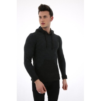 Erkek Desenli Kapşonlu Cepli Günlük Triko Kazak