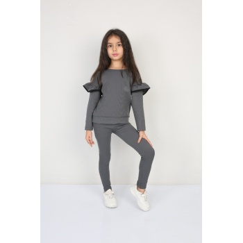 Şardonlu Fitilli Fırfır Detaylı Taytlı Günlük Kız Çocuk Takım