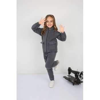 Tıraşlı Polar Lastik Bağcıklı Çift Cep Günlük Kız Çocuk Takım