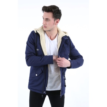 İçi Kürklü Çıkmalı Kapşonlu Kalın Erkek Günlük Kabardin Mont