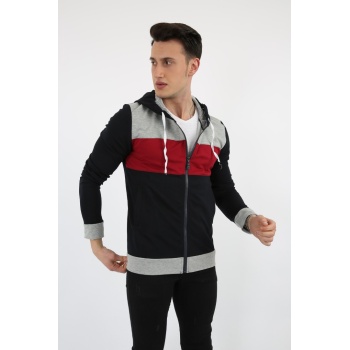 Parçalı Kapşonlu Fermuarlı Erkek Günlük Sweatshirt