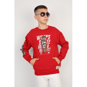 Üç İplik Şardonlu Baskılı Kanguru Cepli Erkek Çocuk Günlük Sweatshirt