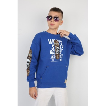 Üç İplik Şardonlu Baskılı Kanguru Cepli Erkek Çocuk Günlük Sweatshirt
