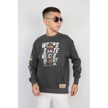 Üç İplik Şardonlu Baskılı Kanguru Cepli Erkek Çocuk Günlük Sweatshirt